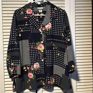 Appleseed’s Black Floral Short Sleeve Button Down Blouse Women’s Size 18